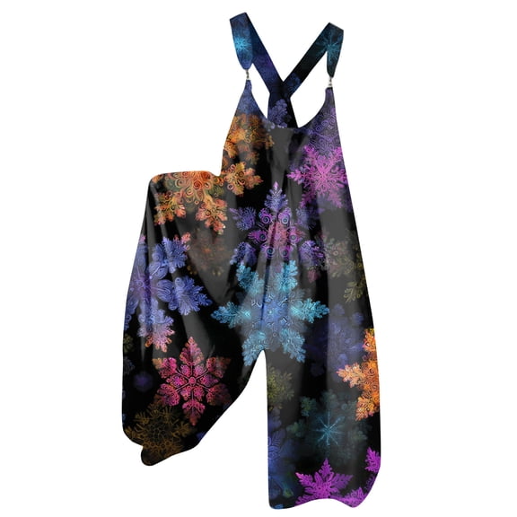 Women's Summer Overalls with Christmas Print - Vintage Jumpsuit (Non-Adjustable Straps), Black, Size L