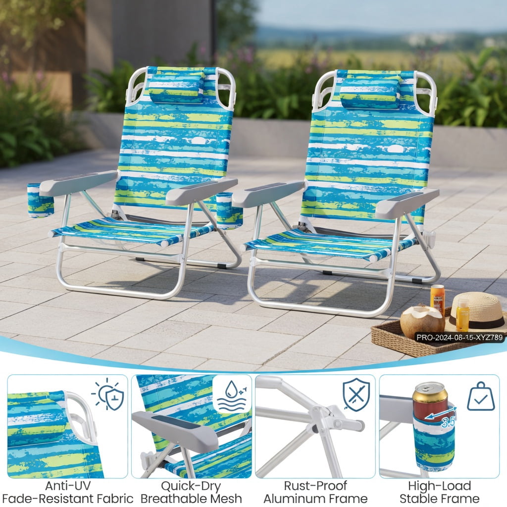 Hommoo 2-Pack Lightweight Folding Beach Chair with 5-Position Recline, Padded Headrest & Cup Holder, Green