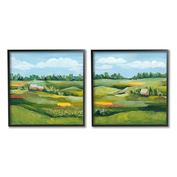 Stupell Rural Country Farm Pastures Landscape Painting Black Framed Art Print Wall Art, Set of 2