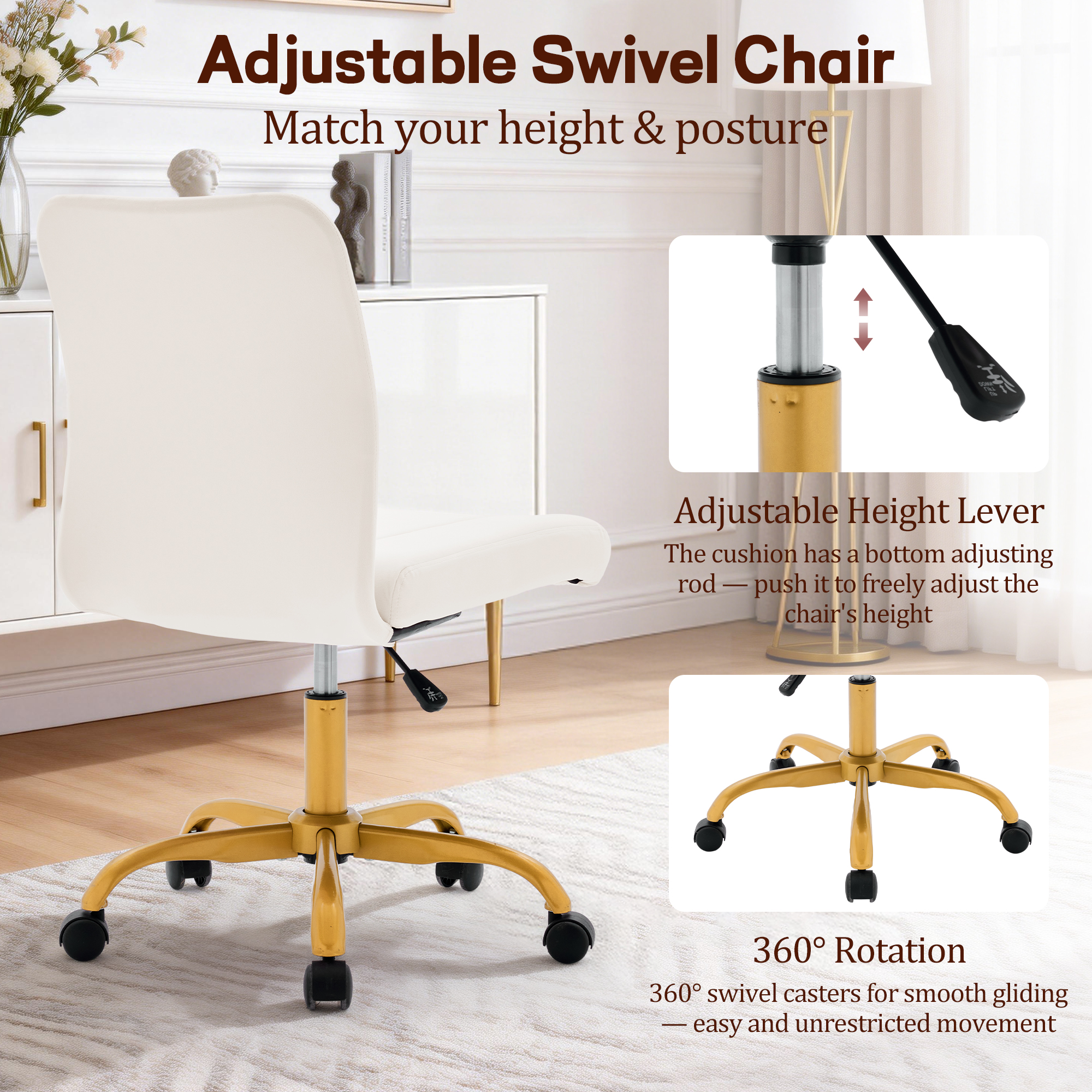 Korser Armless Home Office Desk Chair with Back Modern Vanity Chair with Adjustable Height,360° Swivel Task Chair,Velvet,Beige