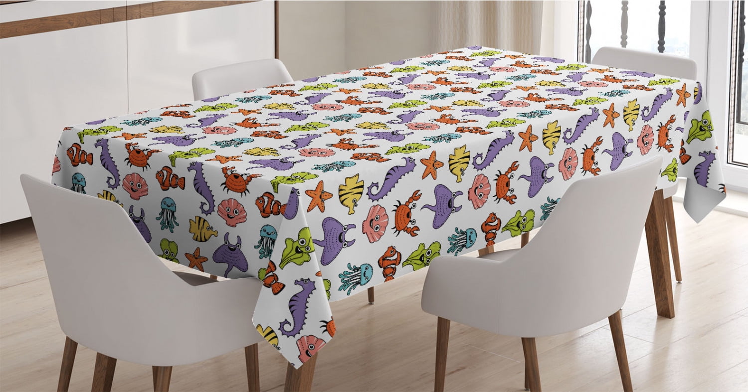 Underwater Tablecloth, Cartoon Drawn Colorful Sea Ocean Fish Jellyfish