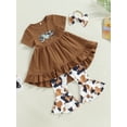 thumbnail image 3 of Bagilaanoe 3pcs Toddler Baby Girl Long Pants Set Long Sleeve Ruffle A-Line Dress Tops + Flare Trousers + Headband 18M 24M 3T 4T 5T 6T Kid Casual Outfits, 3 of 9