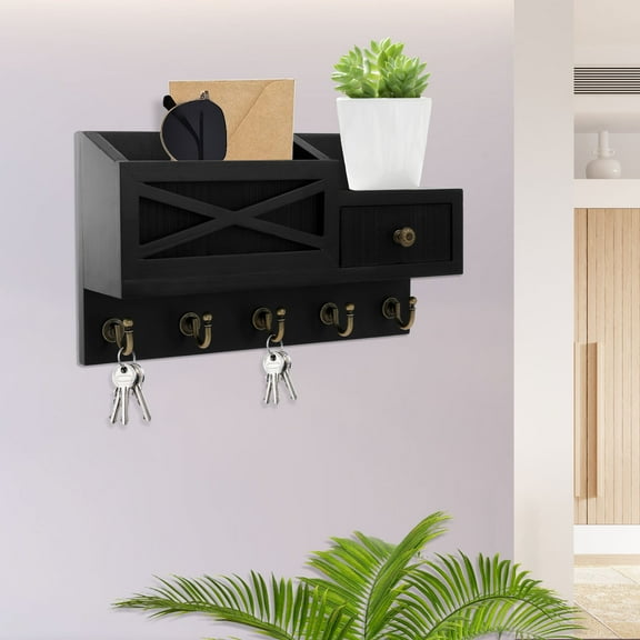 Ikoopy Key Holder for Wall Practical Key and Mail Holder Multifunctional Mail Organizer Wall Mount with Storage Hooks and Drawer for Modern Farmhouse Decor