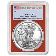 2021 $1 Type 1 American Silver Eagle PCGS MS70 FDOI Flag Label Red Frame