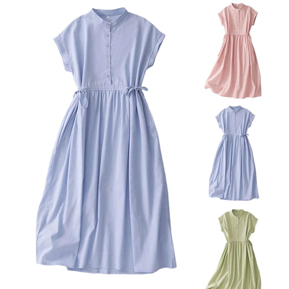 YuXingFu Womens 100% Cotton Dresses Maxi Crew Neck Plus Size Womens Dress Short Sleeve Solid Color Long Casual Summer Green XXL
