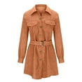thumbnail image 5 of qolati Women's Long Sleeve Dresses 2023 Fall Corduroy Collar V Neck Button Down Mini Dress with Belted Casual Loose Business Work Shirts Dress, 5 of 6