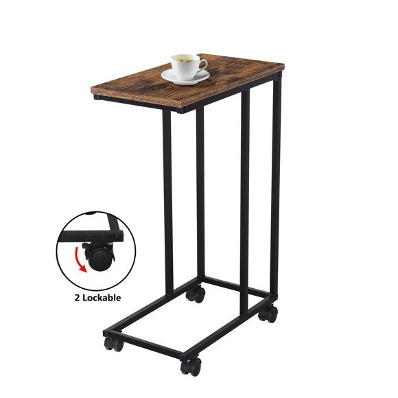 Moustache Mobile C Shaped End Table, Industrial Couch Sofa Side Table with Detachable Castors and Metal Frame for Living Room, Bedroom