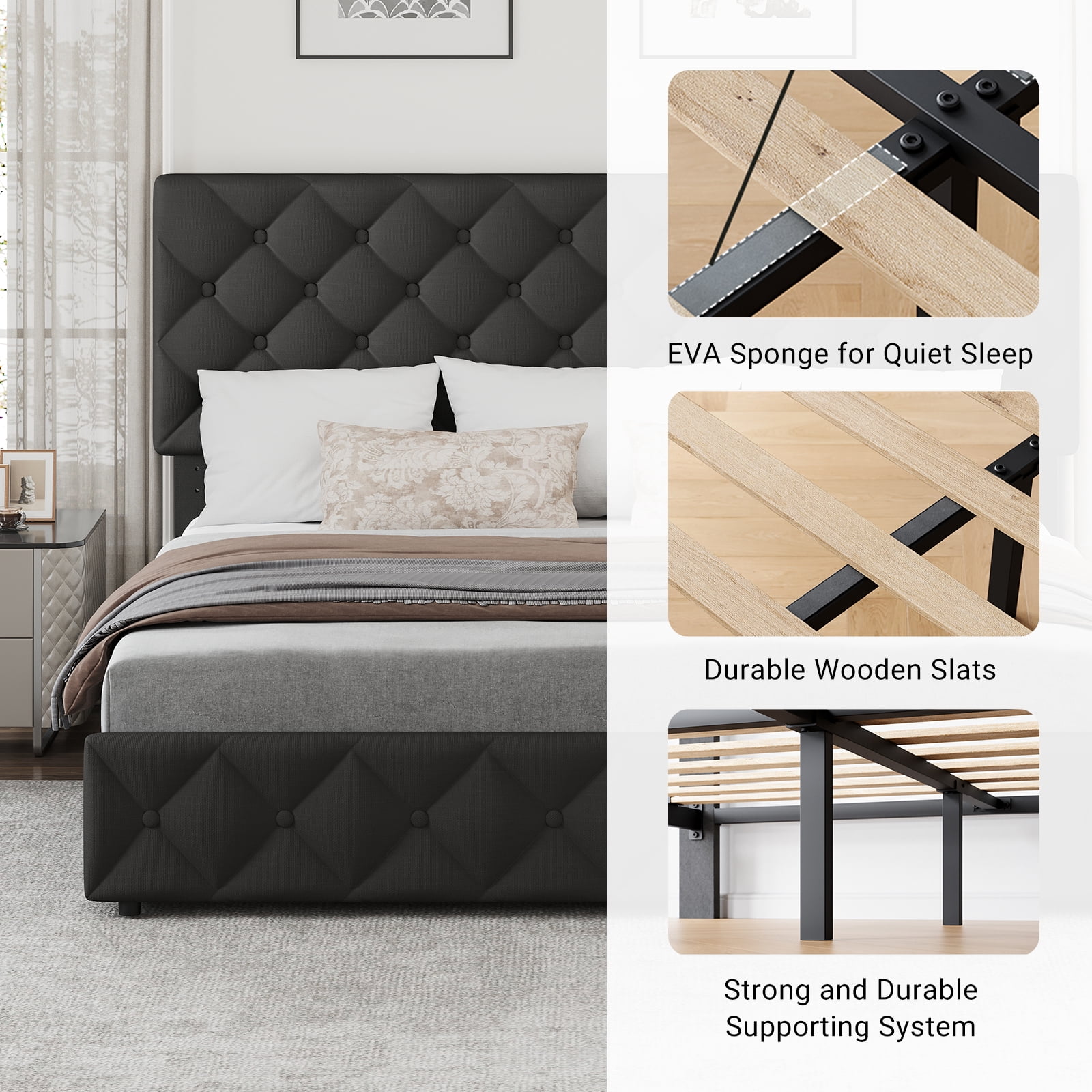 Upholstered Queen Platform Bed Frame with 4 Storage Drawers Adjustable Headboard, PU Leather Platform Storage Bedframe with Button Tufted, Wooden Slats Support, No Box Spring Needed, Noise-Free