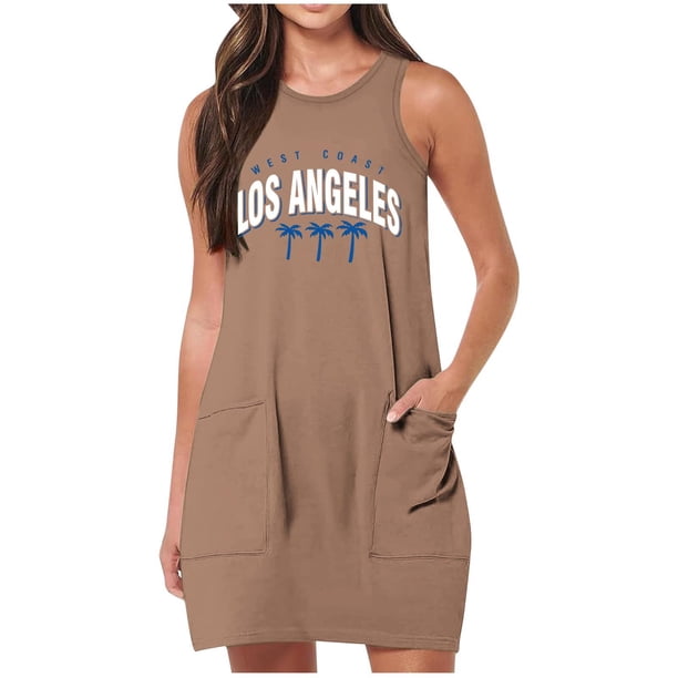 Vestido de Verano para Mujeres, Vestido de Cuello Redondo sin Mangas de Bolsillo de Impresión de Moda Casual Hecha de 95% Poliéster 5% Spandex para Primavera Verano, Vestido Sexy para Mujeres