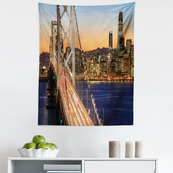 America Tapestry, Famous Landmark San Francisco Bay Bridge Modern Skyline at Dusk Sightseeing Photo, Fabric Wall Hanging Decor for Bedroom Living Room Dorm, 5 Sizes, Multicolor, by Ambesonne