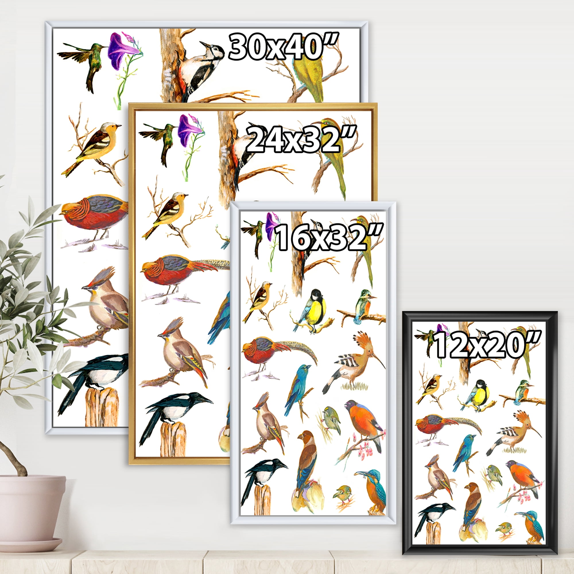Designart 'Vital Colored Birds Plancard' Traditional Framed Canvas Wall Art Print