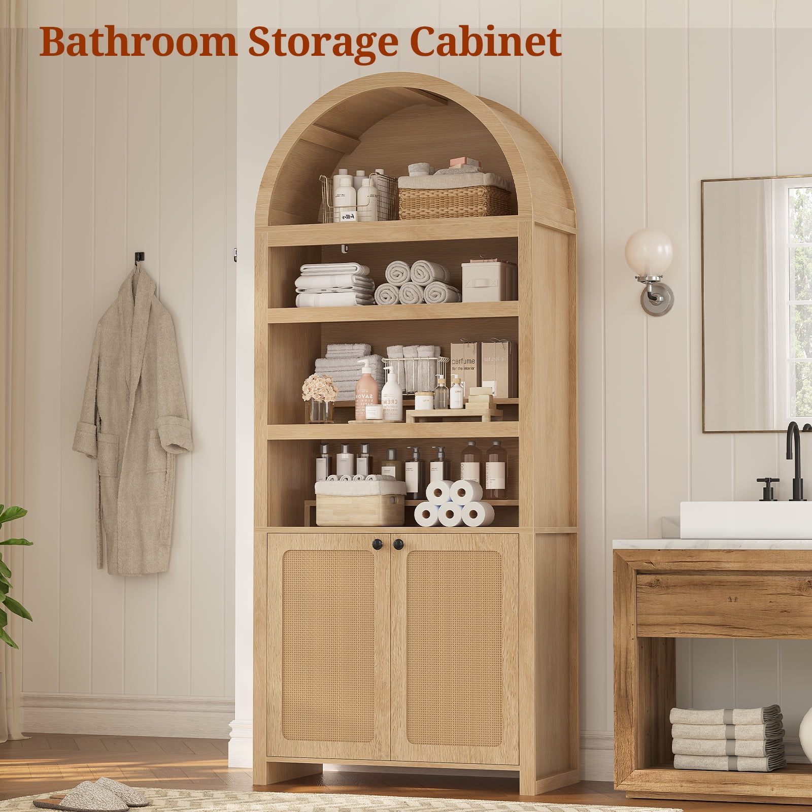 81" Tall Arched Cabinets,Bookcase with storage,Mid-Century Modern 6-Tier Bookshelf with Door,2 Book Risers and Adjustable Shelves offering more storage space for Living Room,Kitchen,Home Office,Oak