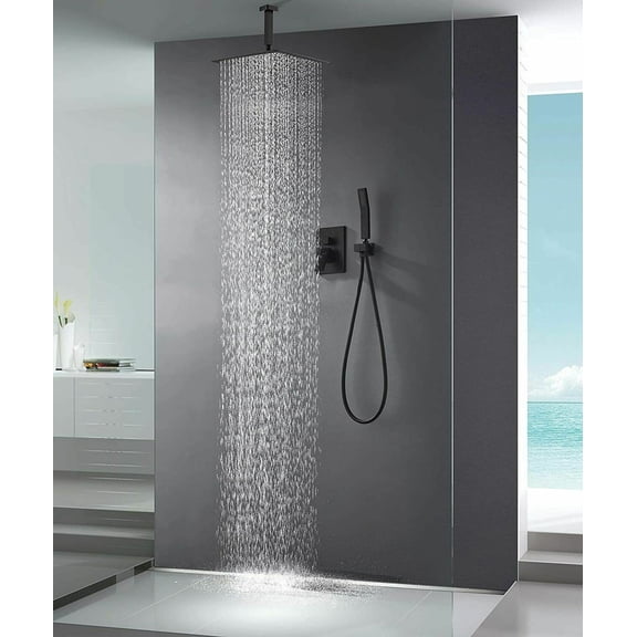 Ceiling Mount Shower Set with Mixer Valve and 12 Inch Square Rainfall Shower Head, Matte Black Finish, Wall Fed Water Supply for Bathroom