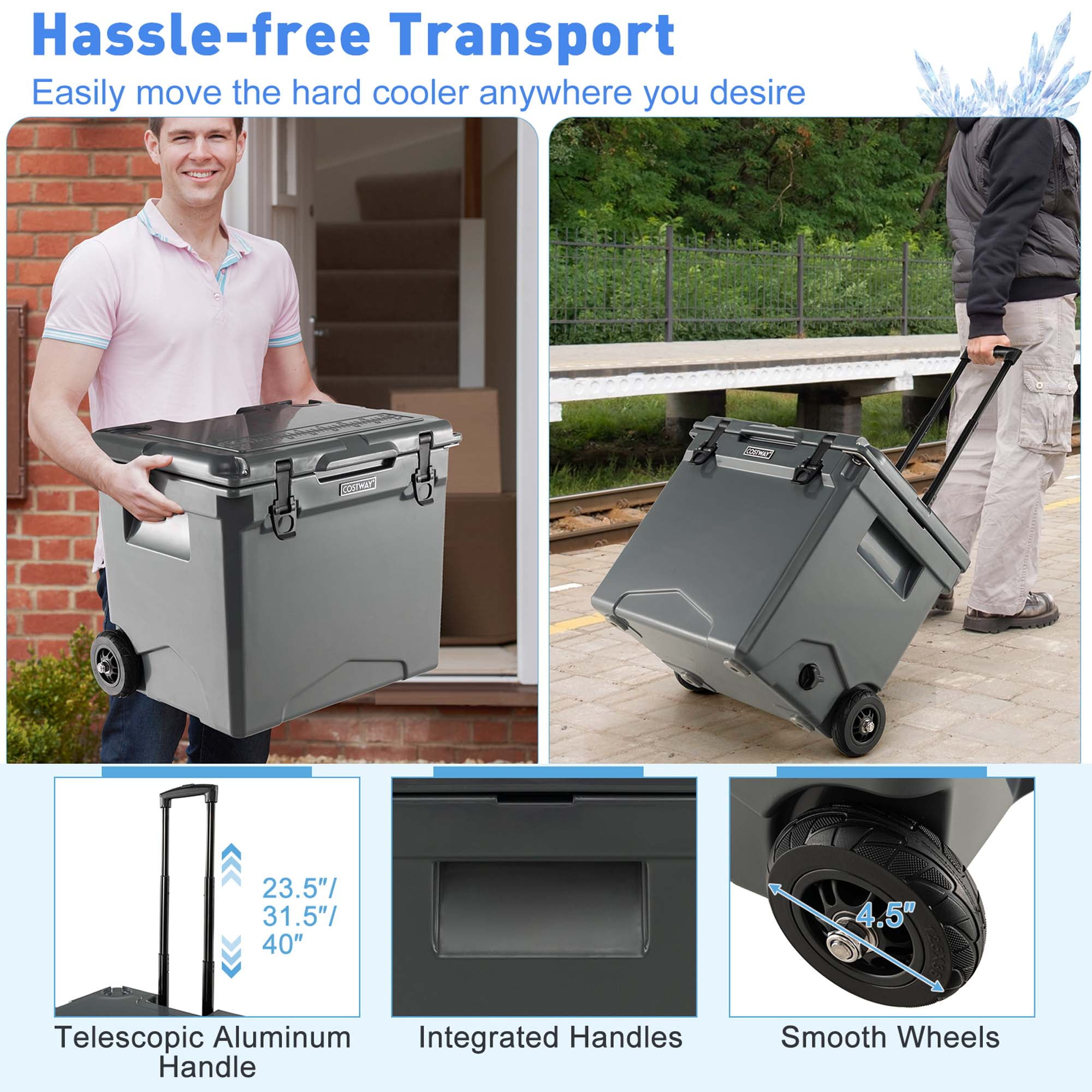 Costway 42 Qt Portable Cooler Roto Molded Ice Chest Insulated 5-7 Days with wheels Handle Charcoal