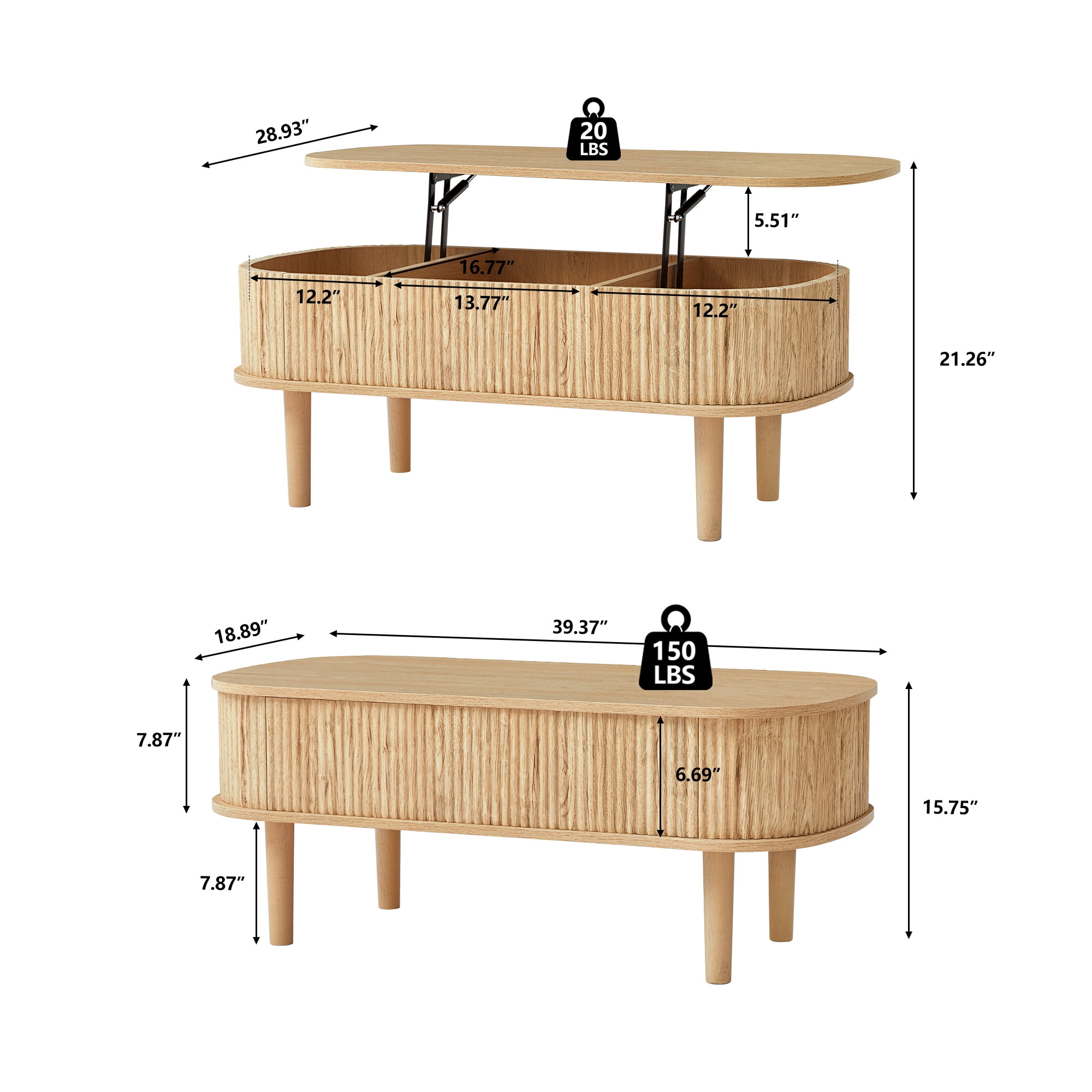 PHOYAL Wood Lift Top Coffee Table with Storage, Fluted Oval Coffee Table with Hidden Compartments for Living Room, Natural
