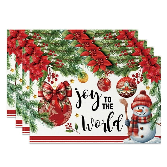 SUNOLIFE Merry Christmas Placemats Set of 4,Winter Snowman Balls Table Place Mats 12x18 inch