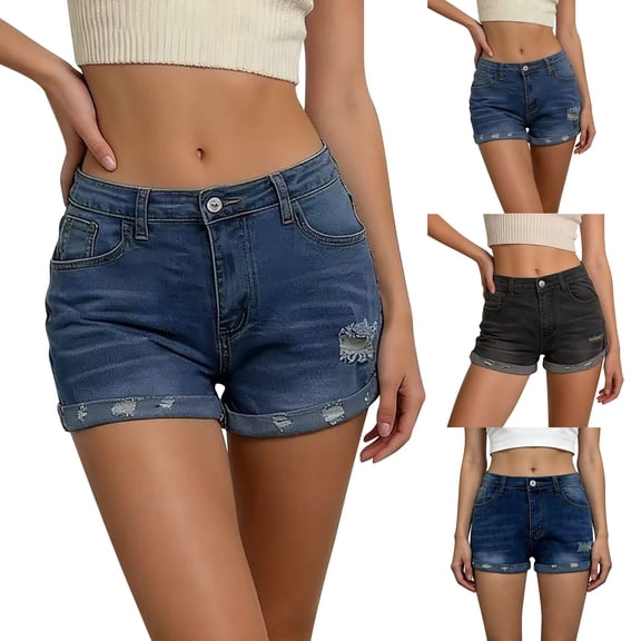 Women's High Waisted Distressed Denim Shorts Rolled Cuff Stretchy Summer