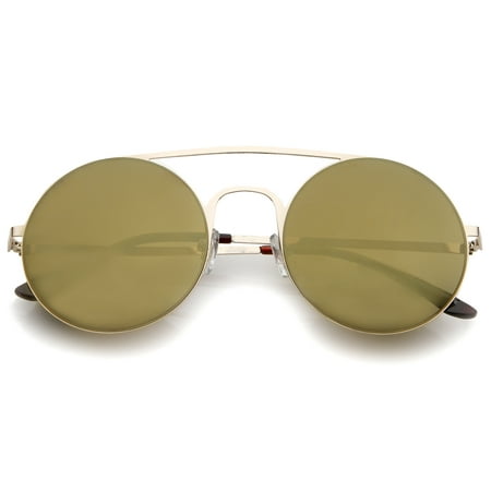sunglassLA - Modern Slim Double Nose Bridge Colored Mirror Flat Lens Round Sunglasses -