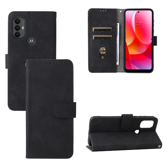 Case for Motorola Moto G Pure 2022 Wallet Case with Card Slots Holder Magnetic Clasp Cover, Luxury PU Leather Skin-Friendly Wrist Strap Handbag Kickstand Soft Silicone Shockproof Protective Case,Black