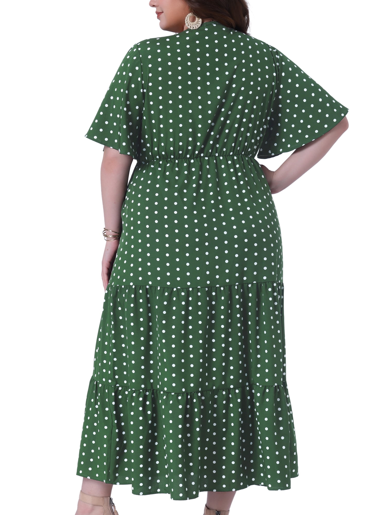 DARING DIVA Plus Size V Neck Short Sleeve Wrap Polka Dot A-Line Dress 4X Olive Green