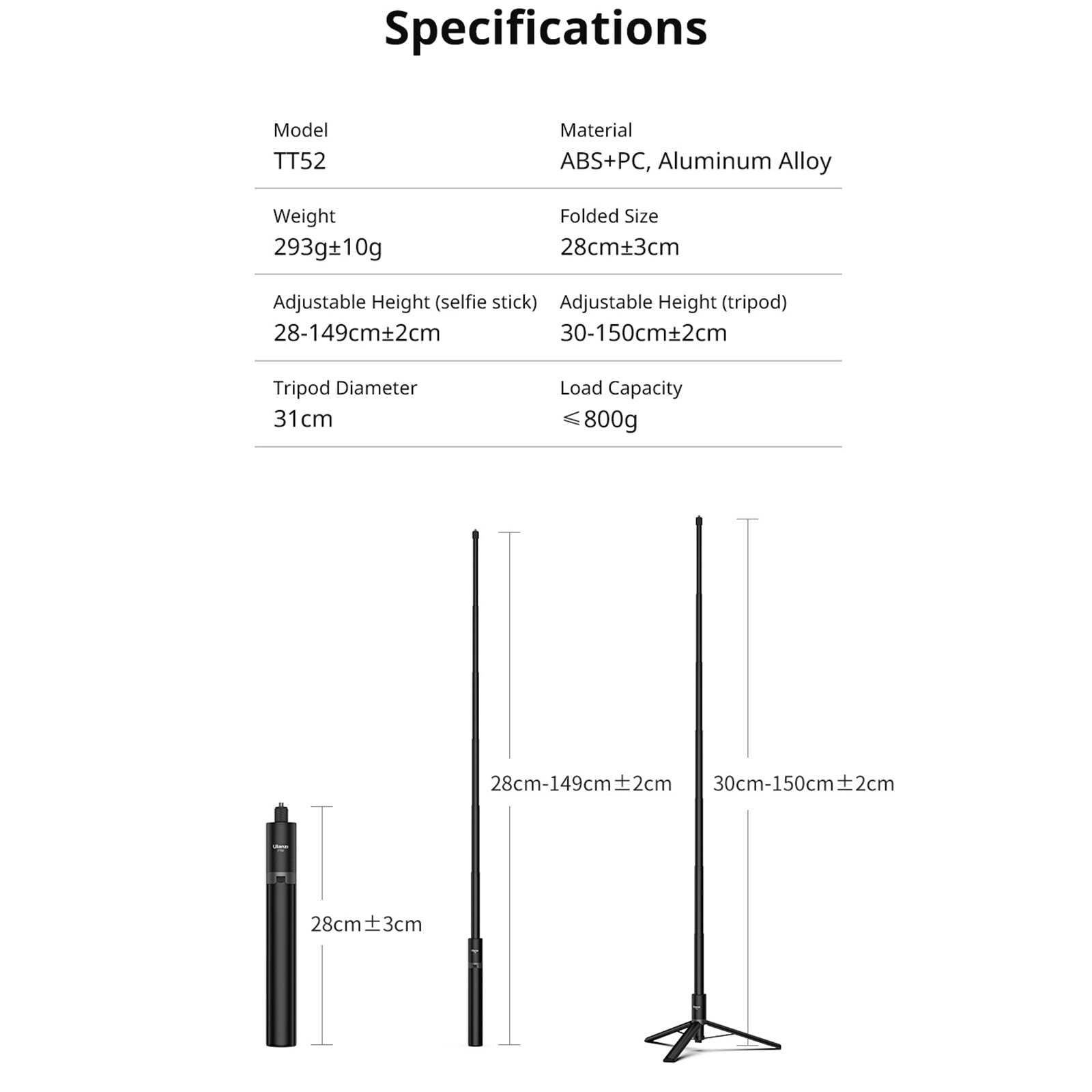 Ulanzi TT52 1.5m Selfie Stick Tripod for GoPro DJI Insta360 Action Cameras, Lightweight Extendable Tripod & Monopod with 1/4” Screw, Portable Vlogging Stand for Travel, Outdoor & Live Video