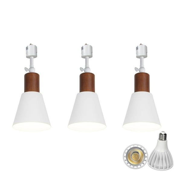 KAYYELAMP 3-Pack J System Adjustable Titl Angle Track Lighting Full Spectrum 6000K 25W Bulb Walnut Base White Metal Shade Vintage Design for Farmhouse Kitchen Plant Rooms