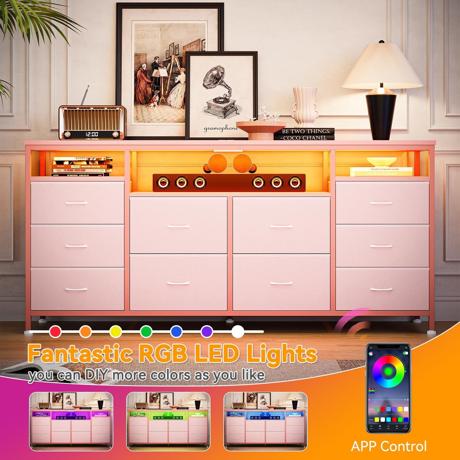 TROPOW Tv Stands for Living Room,10 Drawer Dresser Tv Stand for 65 70 75 Inch Tv,63" W Long Fabric Dresser Entertainment Center, Chest of Drawers Dresser for Bedroom with Led Lights & Power Outlets