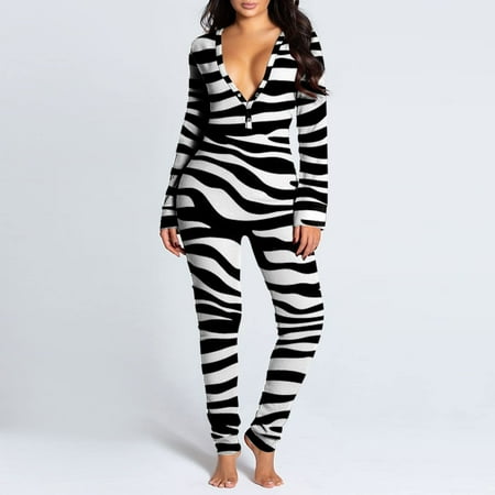 

PEONAVET Onesie Pajamas for Women Sexy V Neck Butt Button Flap Jumpsuit Christmas Printed Jumpsuits Long Sleeve Button Onesies Pajama Club Rompers Sleepwear Gifts for Women