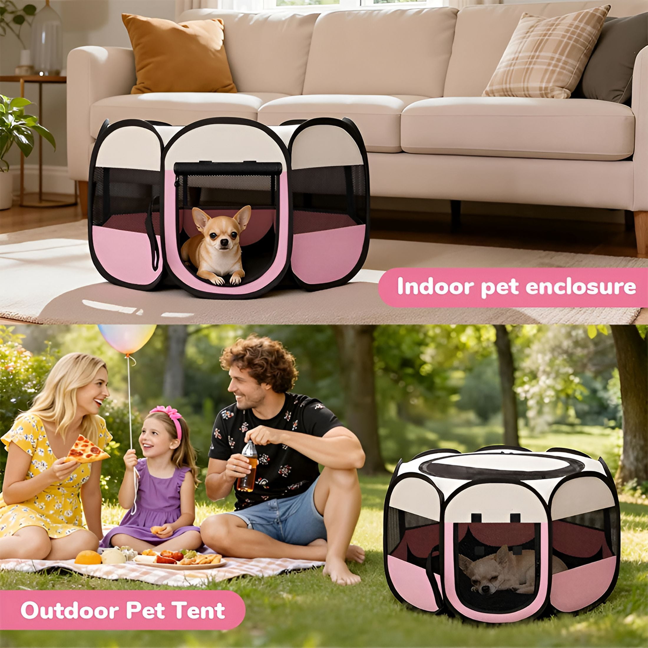 XIBUFE Dog Cat Playpen,Portable Puppy Pet Crate Indoor for Small Dogs Cats Rabbits,Foldable Dog Cage Enclosure for Outdoor,Pop Up Dogs Tent Kennel with Carrying Case,Pink