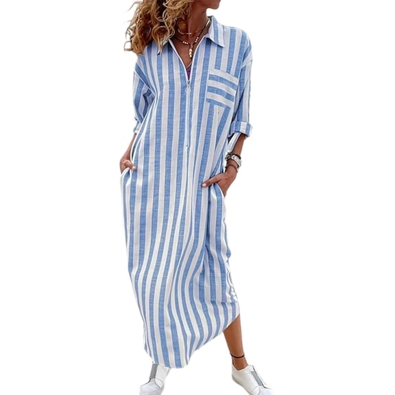 CHGBMOK Women's Plus Size Dress 3/4 Sleeve Striped Shirt Dress Business Casual Half Zipper Maxi Long Dress