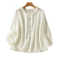 thumbnail image 4 of Warop Cotton Linen 3/4 Sleeve Top for Women Casual Retro Embroidery Turn-Down Collar Blouses, 4 of 9