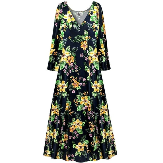 Plus size 7x Tall Womens Dress Black Floral Long Sleeve Low V-Neck Princess Cut
