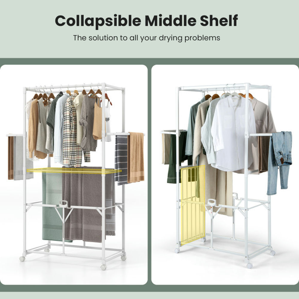 Finihen Drying Rack, Clothes Drying Rack, 68.5 Inches Foldable Aluminum Laundry Rack with Hanging Rods and Drying Shelves, for Indoor, Outdoor, White Finihen Drying Rack, Clothes Drying Rack, 68.5 Inches Foldable Aluminum Laundry Rack with Hanging Rods and Drying Shelves, for Indoor, Outdoor, White