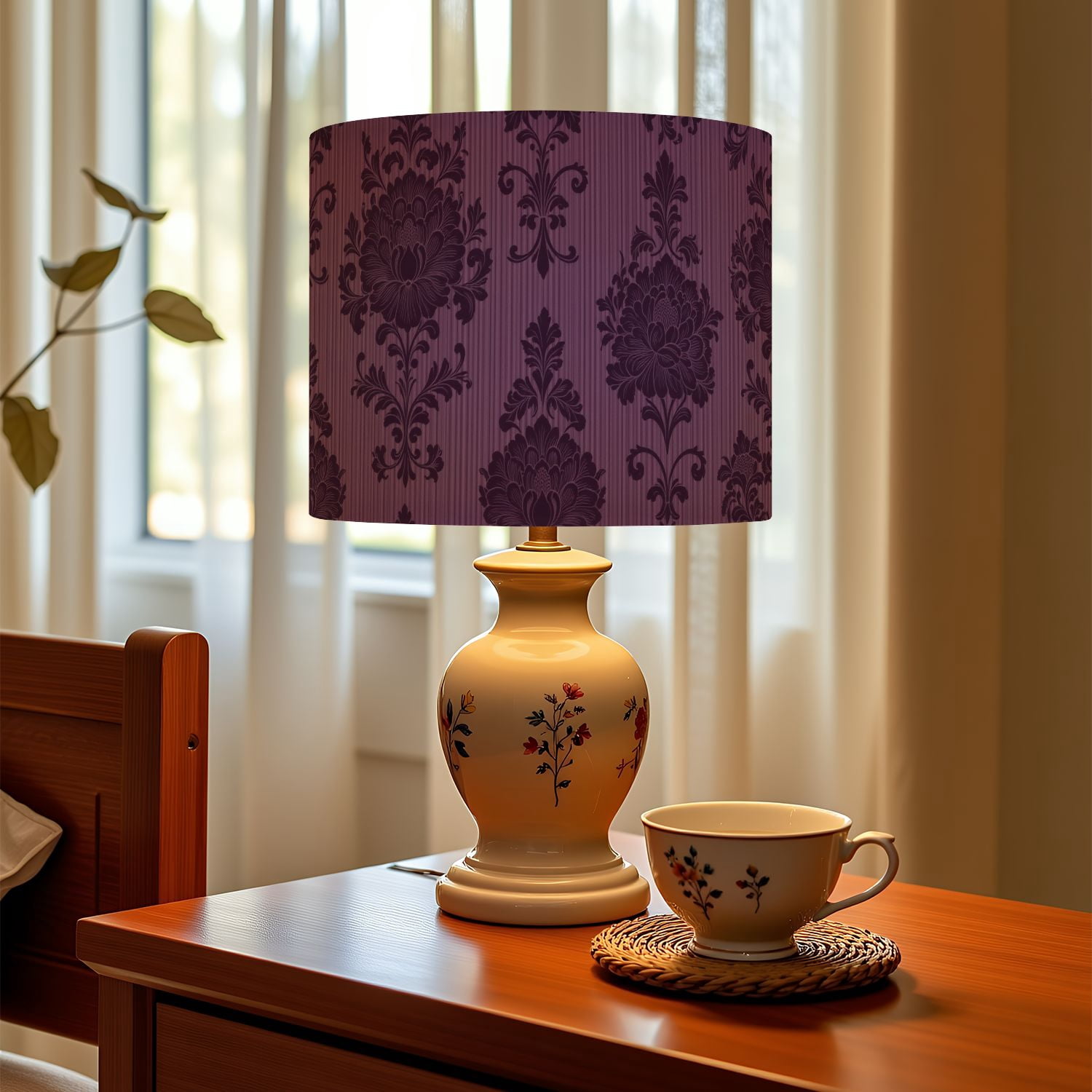 Gothic Linen Drum Lampshades Elegant Purple Damask Floral Vintage Baroque Style 13"x13"x10" Light Shade for Table Lamps Floor Lamp Shades Lampshade Replacement Assembly Required