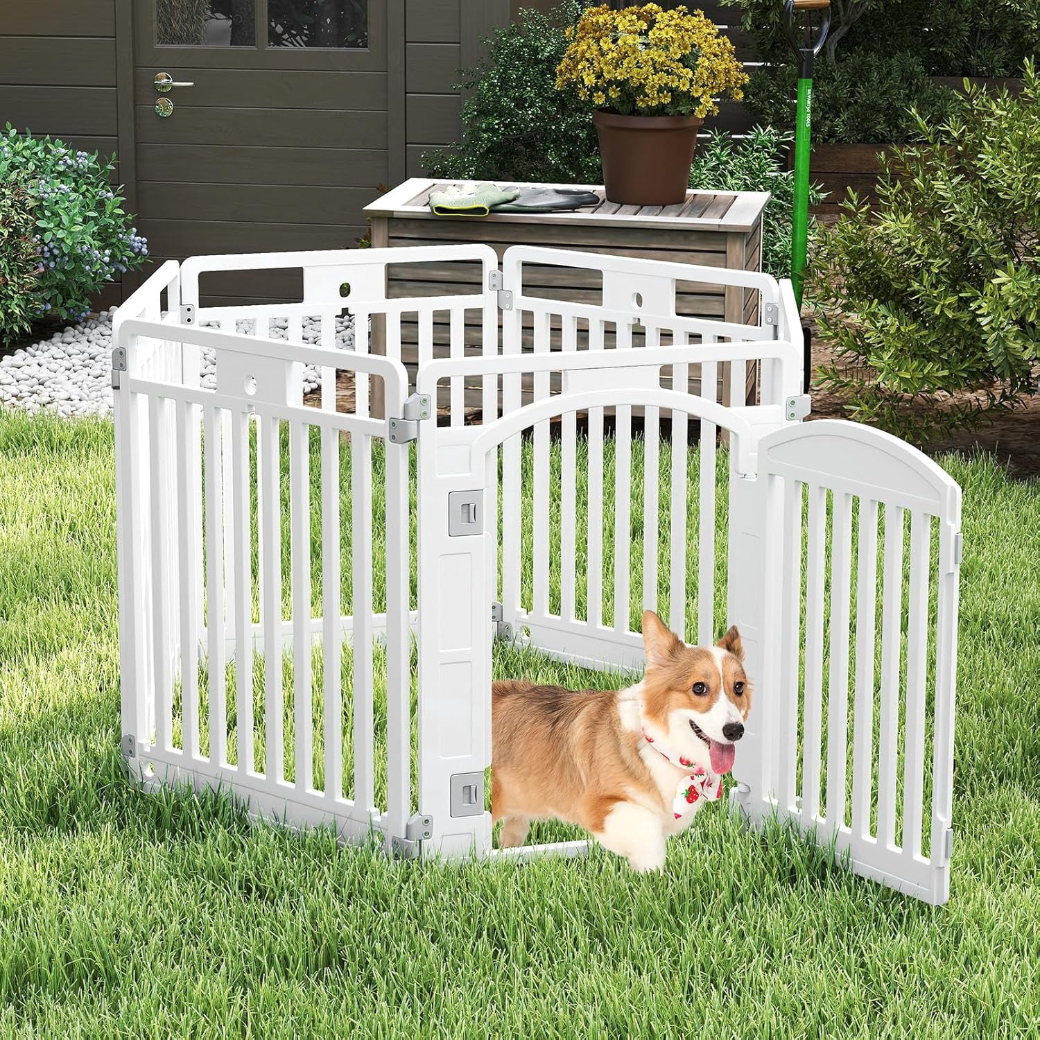 WSWJY 6 Panel Dog Playpen, 32'' Tall Plastic Pet Fence with Lockable Door, Indoor Outdoor Portable Dog Exercise Pen for Medium Dogs, Expandable & Configurable into Square or Rectangle