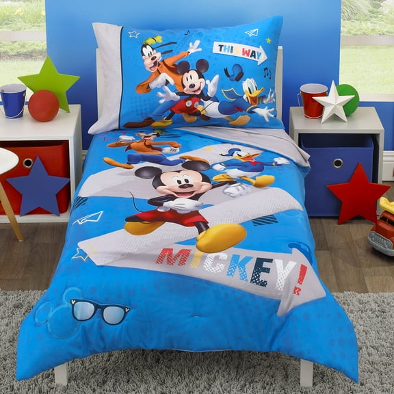 Disney Mickey Mouse 4 Piece Bedding Sets, Toddler Bed with Comforter, Fitted Sheet, Flat Top Sheet, Pillowcase