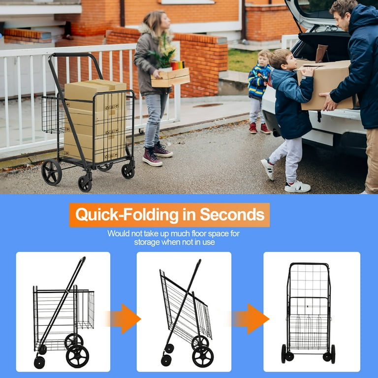 Extra Large Foldable Shopping Cart with 360 Swivel Wheels Heavy Duty Design for Grocery Laundry and Luggage 132 LBS Capacity Walmart