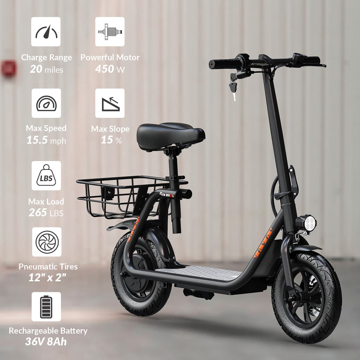 5TH WHEEL W18S 450W Motor Electric Scooter for Adults with Seat and Carry Basket, 36V 20Miles Range & 15.5Mph, 12" Foldable E Scooter for Commuting, UL 2272