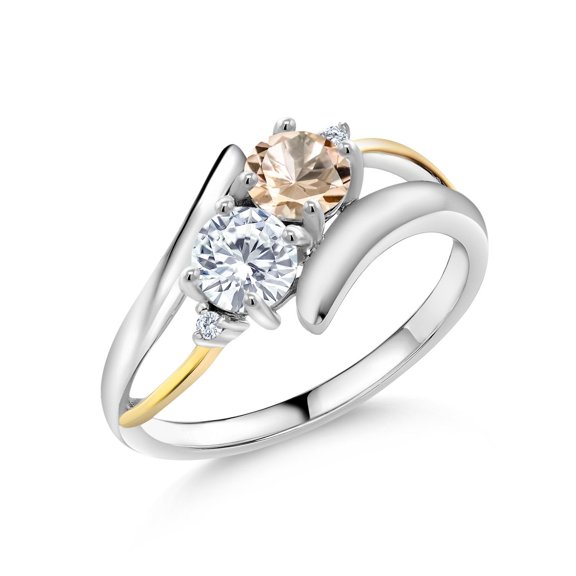 Gem Stone King 925 Silver and 10K Yellow Gold Ring Round Peach Morganite and Moissanite 0.92cttw (Size 7)