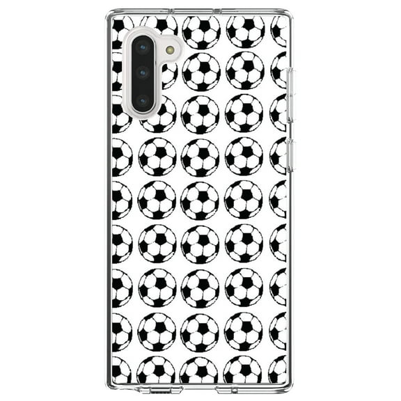 DistinctInk Clear Shockproof Hybrid Case for Samsung Galaxy Note 10 (6.3" Screen) - TPU Bumper, Acrylic Back, Tempered Glass Screen Protector - Soccer Balls Drawing