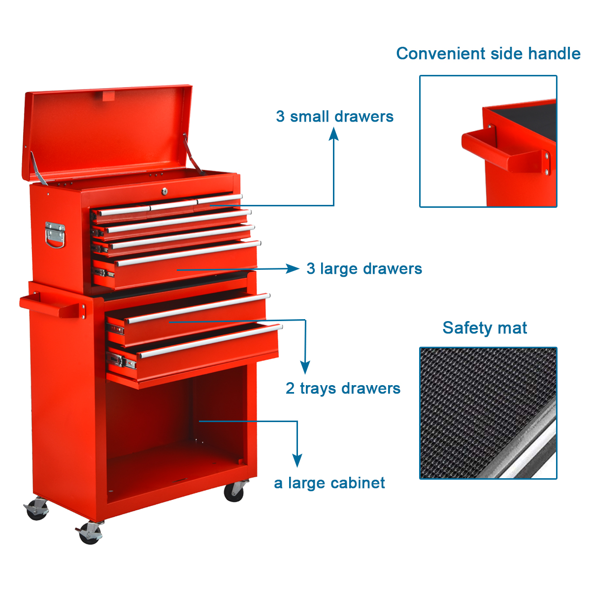 Odaof 8 Drawer Mechanic Tool Chest with Wheels Heavy Duty Rolling Tool Box Cabinet with Riser Sliding Drawers Keyed Locking System Top Detachable Toolbox Organizer for Workshop Red - image 3 of 9