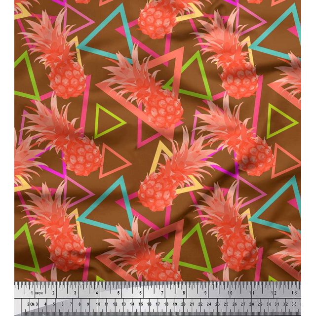Soimoi Japan Crepe Satin Fabric Triangle & Pine Fruits Printed Craft Fabric by The Yard 42 Inch Wide