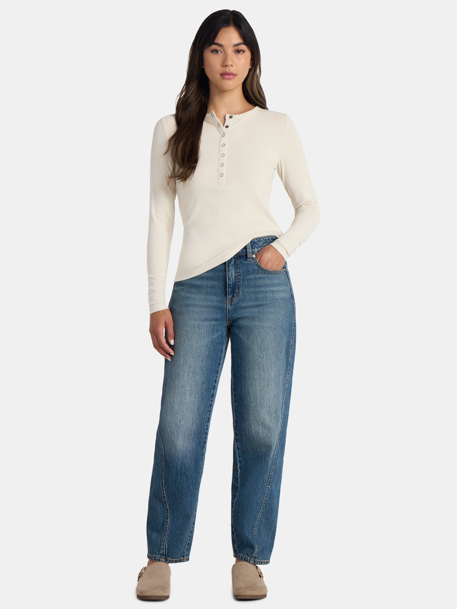 Time and Tru Women's Ribbed Henley Shirt with Long Sleeves, Sizes XS-XXXL
