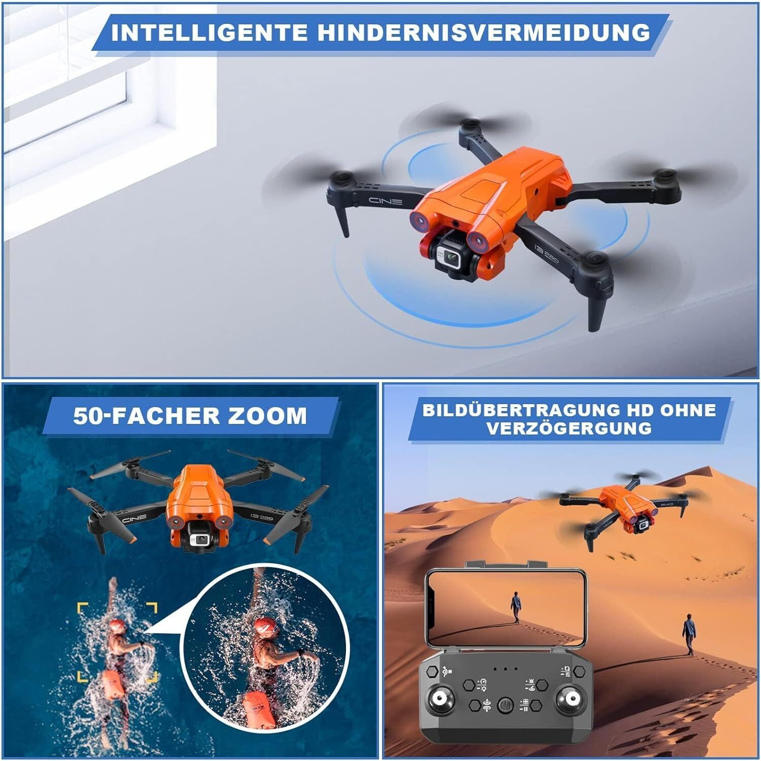 TOPCHANCES I3 PRO FPV Drone with 4K Dual Cameras, RC Quadcopter for Kids Adults with Altitude Hold, One Key Landing, Obstacle Avoidance, Headless Mode, 2 Batteries (Orange)