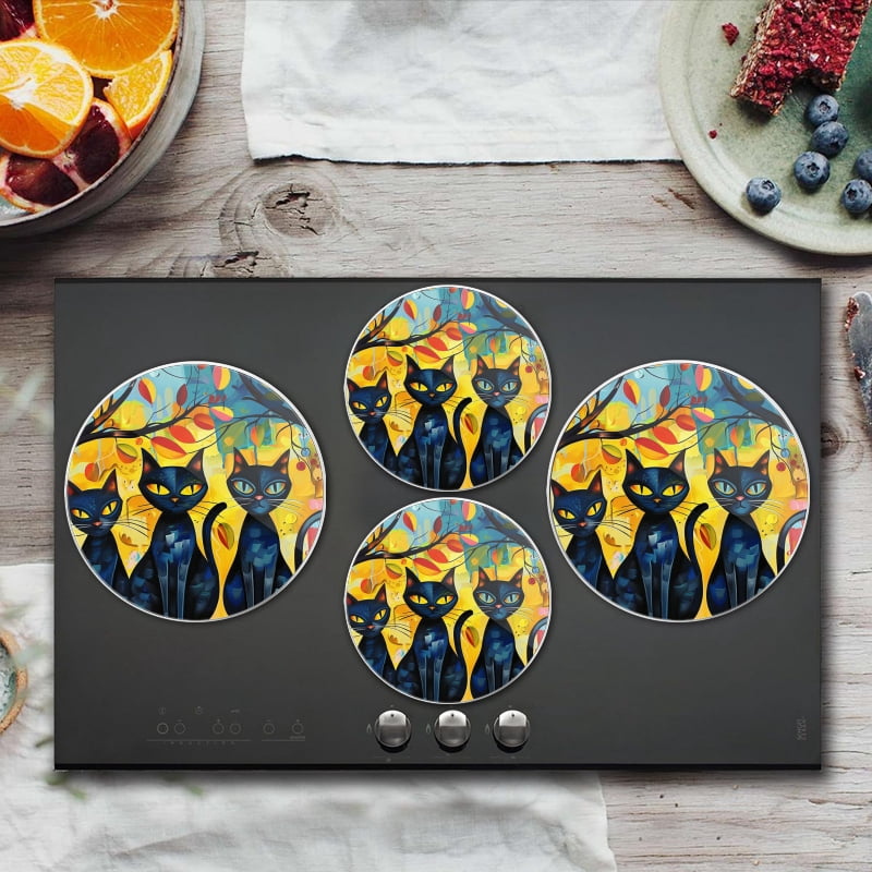 BaHomeck Electric Stove Burner Covers Set of 4,Round Metal Gas Stove Burner Covers 8 Inch and 10 Inch,Kitchen Decor,Black Cats Sitting In Tree With Yellow Eyes