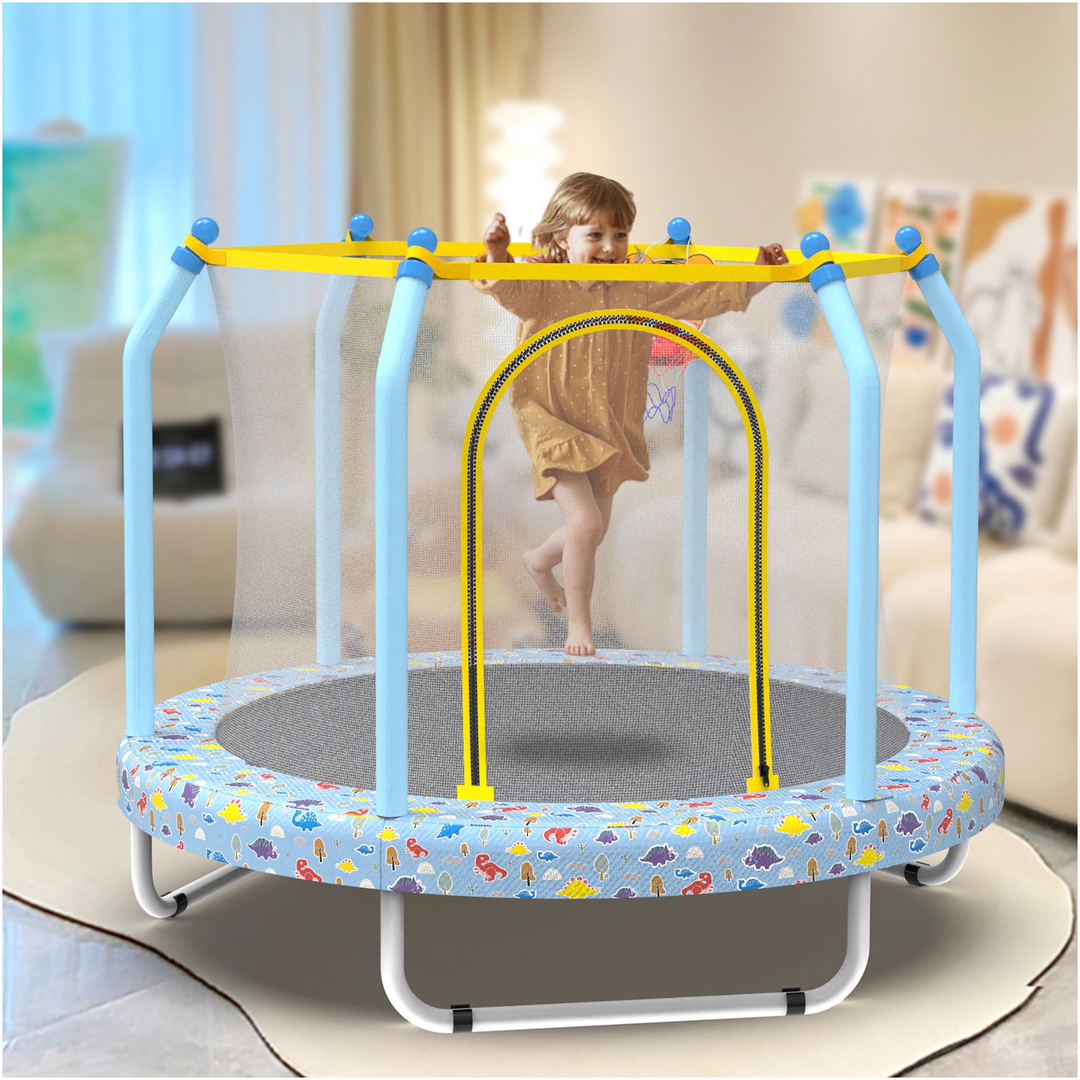 JERFIT 55" Kids Trampoline with Basketball Hoop, ASTM Certified Indoor/Outdoor Jungle Themed Bouncer for Toddlers with Safety Enclosure Net