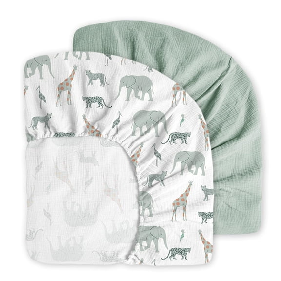 Little Grape Land Muslin Crib Sheets 2 Pack, 100% Cotton Fitted Baby Mattress Sheets for Boys & Girls, Soft Breathable Neutral Nursery Bedding, Standard Crib Size 52"x28", Safari