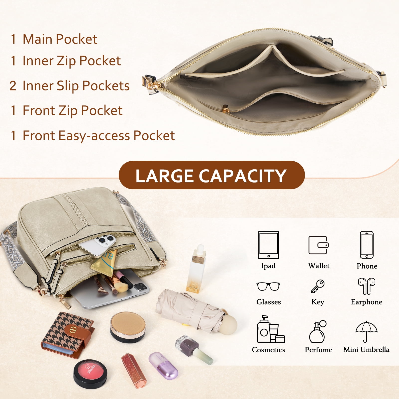 RAINSMORE Crossbody Bags for Women Leather Shoulder Handbags Trendy Crossbody Purses Soft Lightweight Travel Purse,Beige