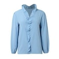 thumbnail image 6 of VNKIDY Womens Solid Color Ruffled V Neck Blouse Casual Long Sleeve Fitted Top With Ruffle Trim For Party Daily Street Wear Blue XL, 6 of 7