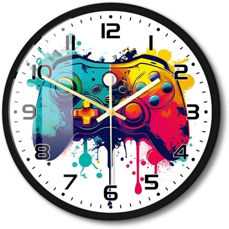 Gamer Clock with Metal Frame, 12 Inch Video Game Wall Clock Colorful Gaming Gamepad Kids Wall Watch Clock Silent Movement Battery Operated for Man Cave Game Room Room Gamer Boys Gifts